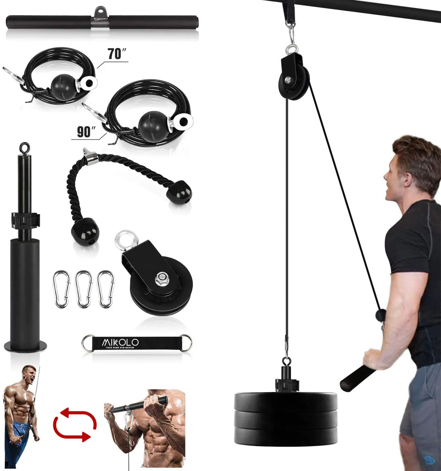 Mikolo Fitness LAT and Lift Pulley System, Dual Cable Machine(70'' and 90'') with Upgraded Loading Pin for Triceps Pull Down, Biceps Curl, Back, Forearm, Shoulder-Home Gym Equipment(Patent)