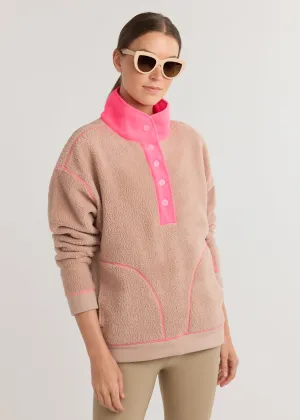 Palomino Pullover in Sherpa Fleece (Khaki/Neon Pink)