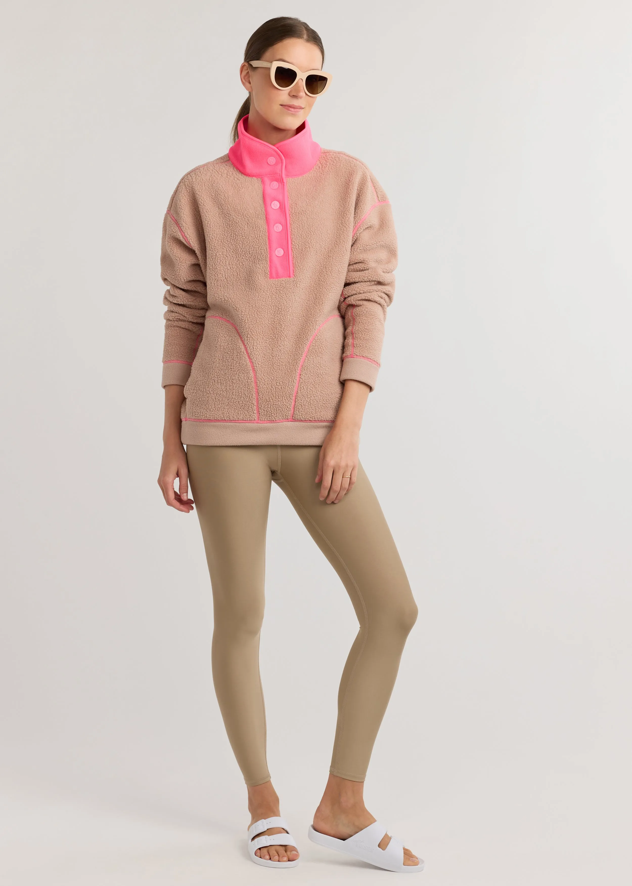 Palomino Pullover in Sherpa Fleece (Khaki/Neon Pink)