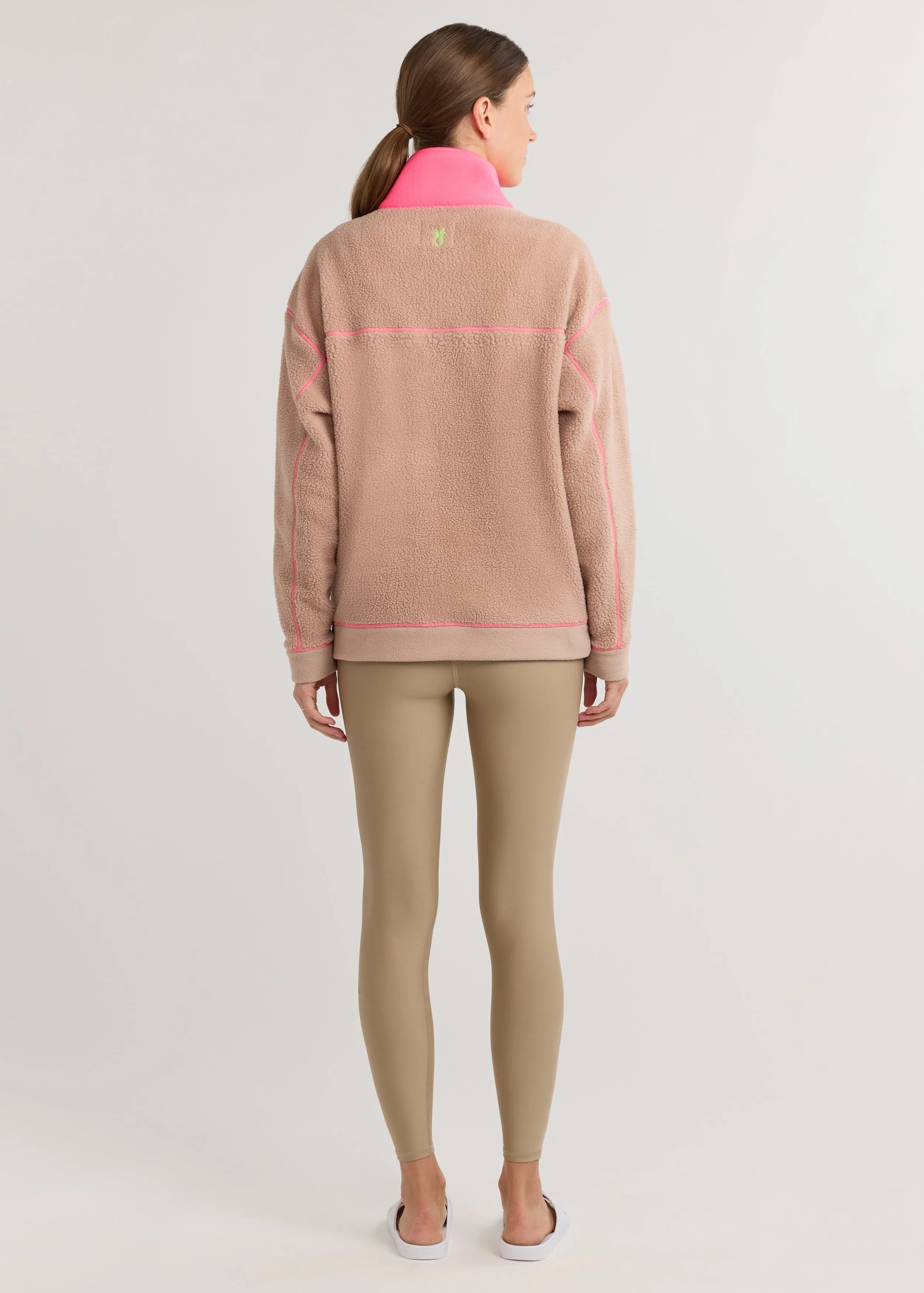 Palomino Pullover in Sherpa Fleece (Khaki/Neon Pink)