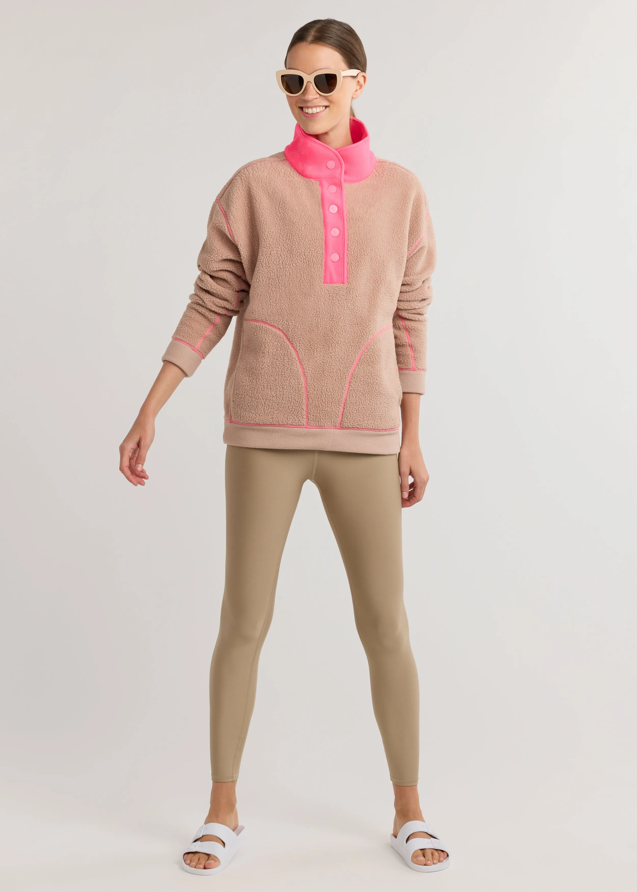 Palomino Pullover in Sherpa Fleece (Khaki/Neon Pink)