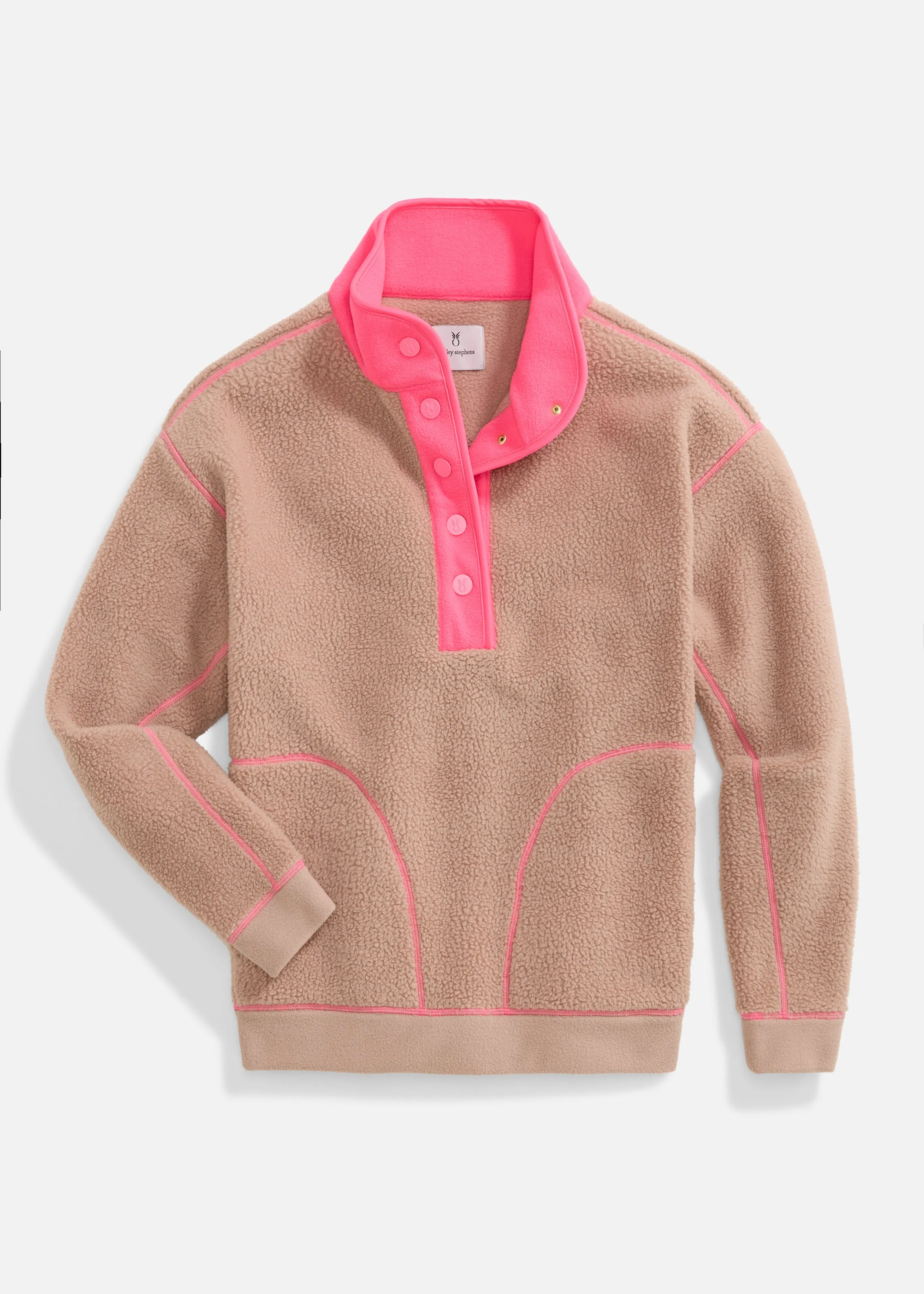 Palomino Pullover in Sherpa Fleece (Khaki/Neon Pink)