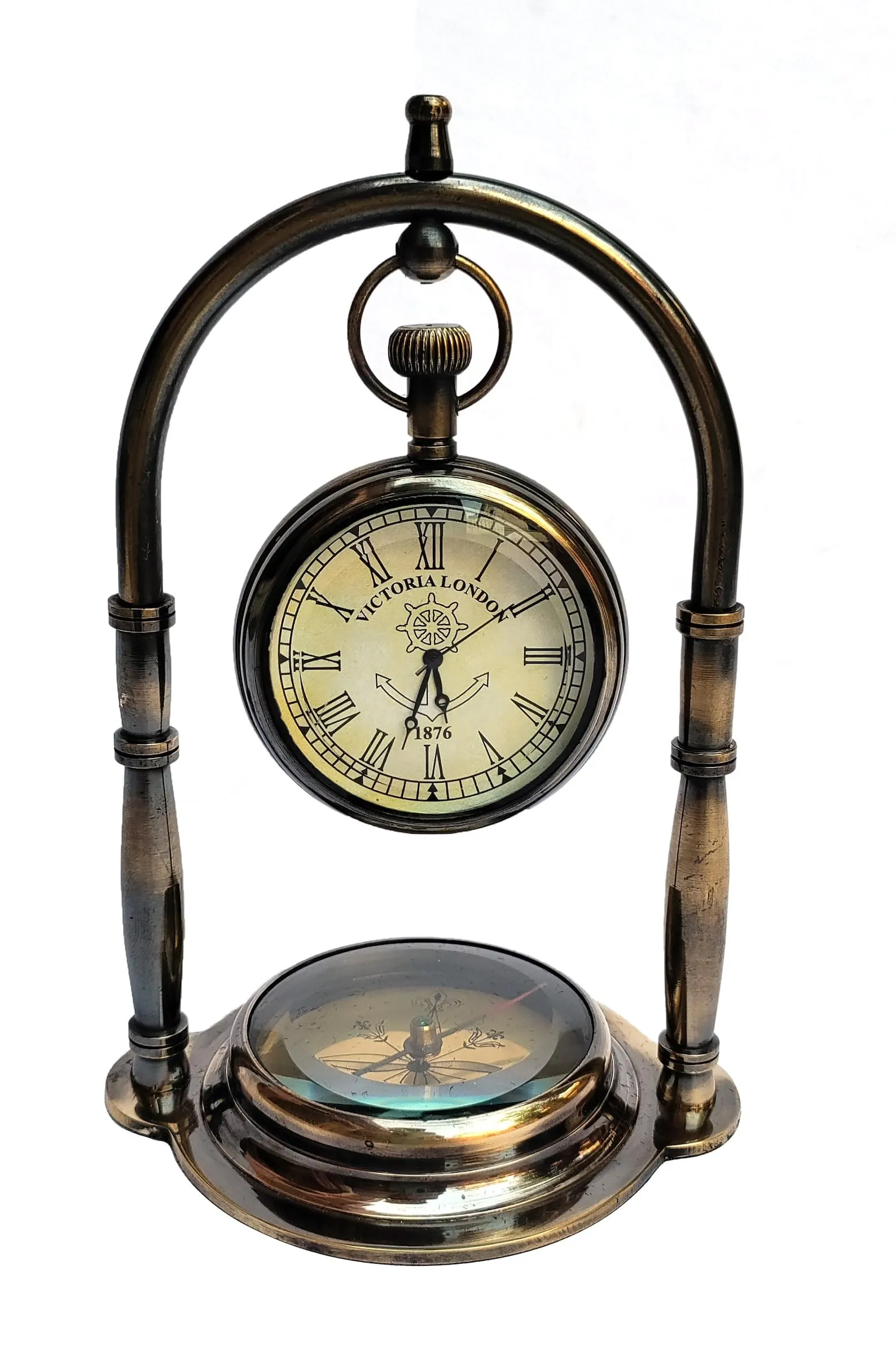 Personalised Solid Antique Vintage Brass Table Clock with Compass Instrument for Home Office Desk.