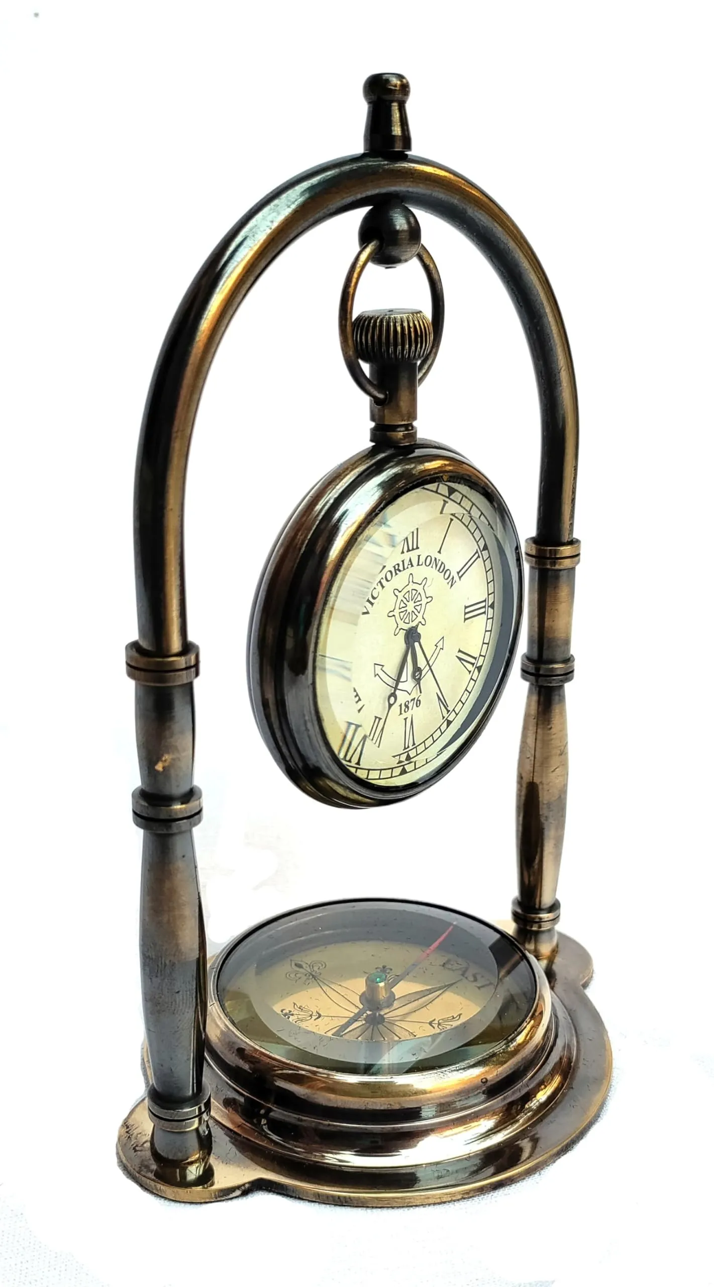 Personalised Solid Antique Vintage Brass Table Clock with Compass Instrument for Home Office Desk.