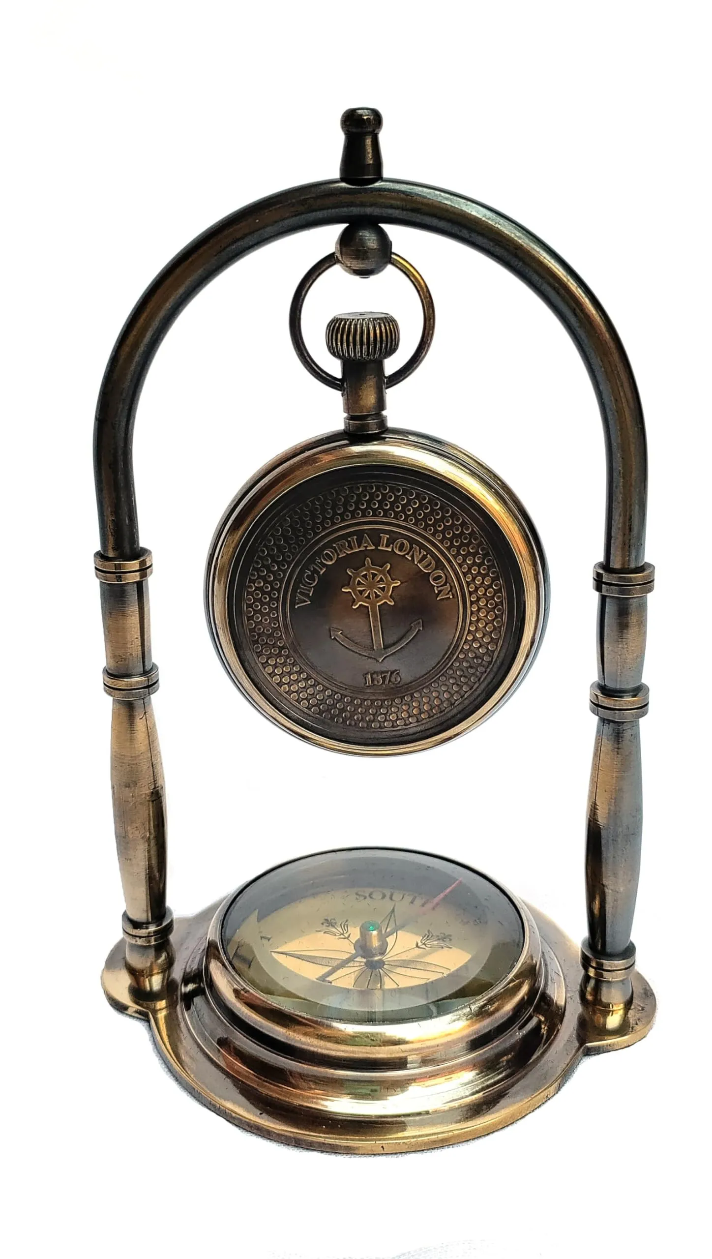 Personalised Solid Antique Vintage Brass Table Clock with Compass Instrument for Home Office Desk.