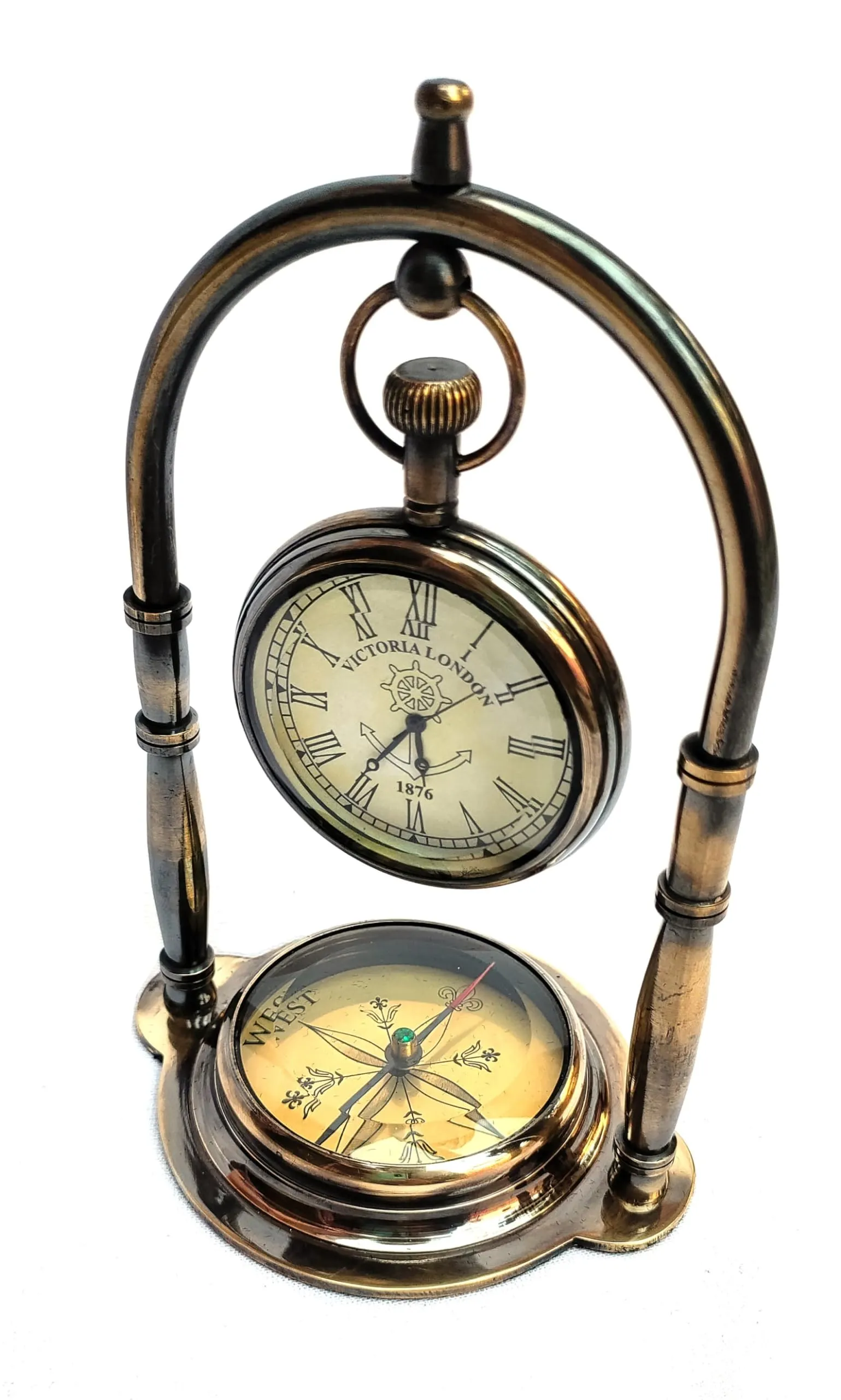 Personalised Solid Antique Vintage Brass Table Clock with Compass Instrument for Home Office Desk.