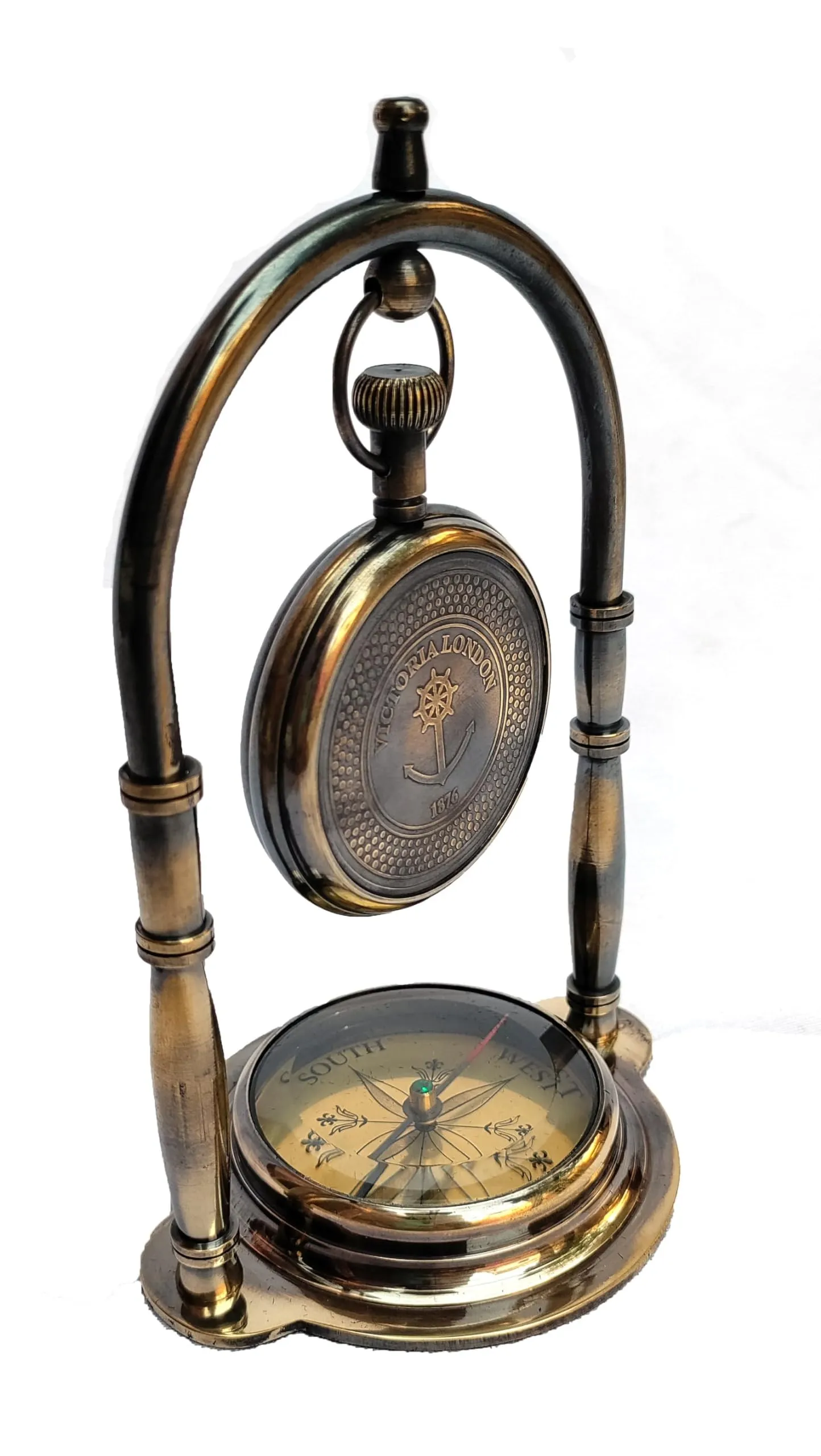 Personalised Solid Antique Vintage Brass Table Clock with Compass Instrument for Home Office Desk.